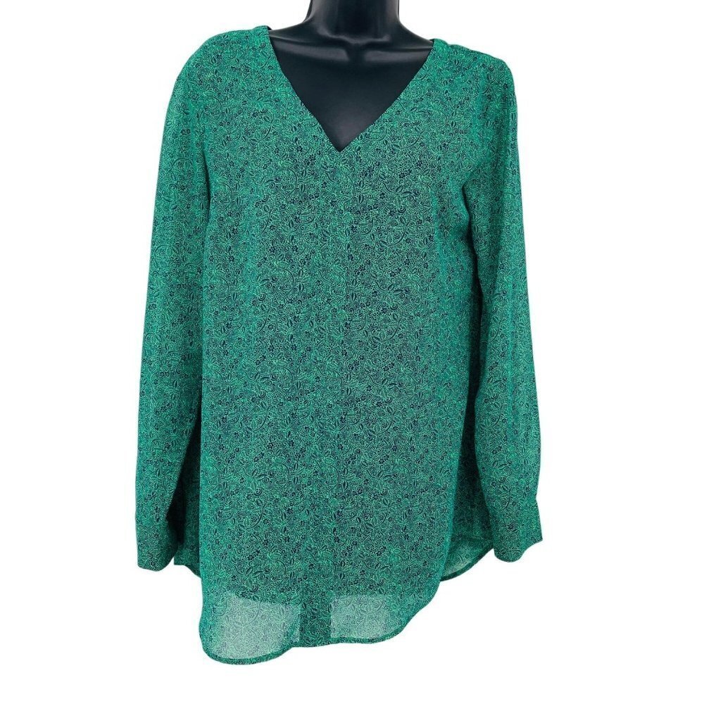 Cabi Bountiful Blouse Womens S Green Floral V Neck Sheer Long Sleeve Preppy